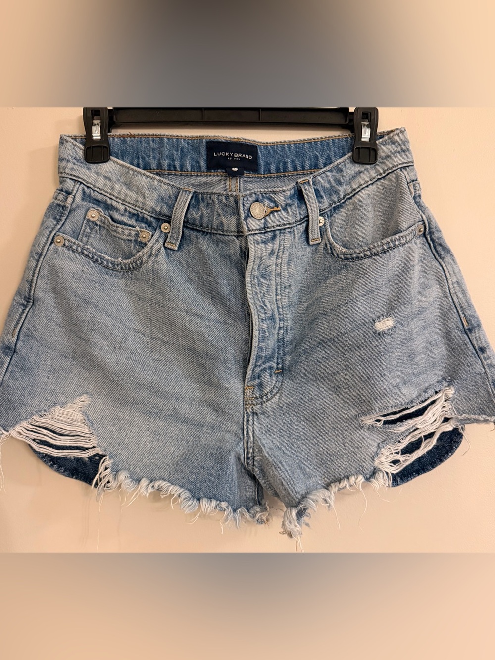 Lucky Brand Light Wash Distressed Denim High Rise Mom Shorts